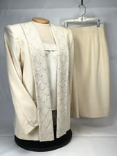 Nolan Miller Vintage 3 Piece Pencil Skirt WOOL Suit w Beaded Jacket Cream Size 8