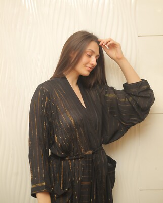 Black & Gold Lurex Women's Long Kimono Shimmer Fabric Boho Dress PS MG1139  | eBay