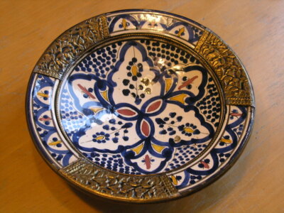 Vintage Moroccan Fez Sofi Hand Painted Glazed Plate Bowl Metal Overlay10x 2 1/2''