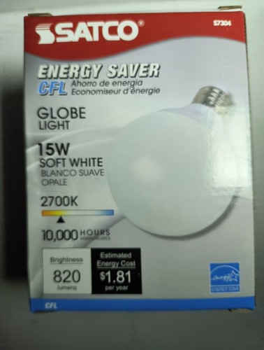 Satco S7304 15W Globe Light CFL 2700k Soft White - E26 Medium base bulb - Picture 2 of 5