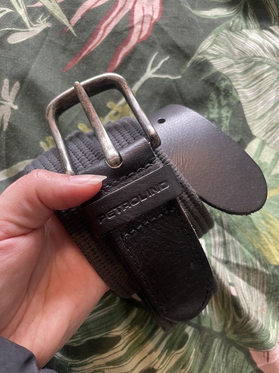 Vintage Petrol Industries Black Leather Grey Woven Fabric Belt Silver  Buckle 44