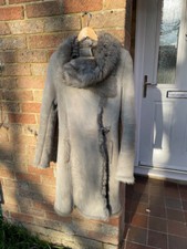 All Saints Uk 10 Caradon Coat Sheepskin Pelt Shearling Grey Fur Mid Length