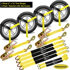 4 Pack Auto Trailer Car Haul Tie Down Kit Wheel Lasso Ratchet Strap W Snap Hook