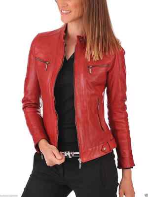 Red Women's Lambskin Soft Real Leather Jacket Motorcycle Slim fit Biker Jacket