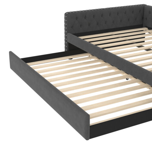 Full Size Daybed Linen Upholstered Tufted Sofa Bed W/ Twin Trundle /Square Arms - Picture 9 of 15