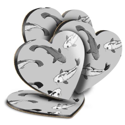 4x Herz MDF Untersetzer - BW - Koi Karpfen Fisch Kunst Zeichnung #43104