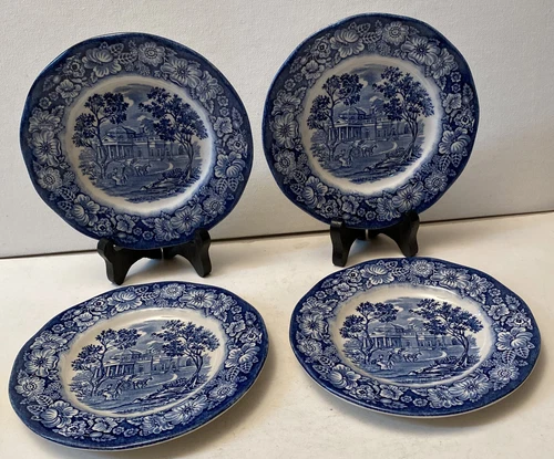 Four (4) Vintage Staffordshire Liberty Blue 6" Bread & Butter Plates -Monticello