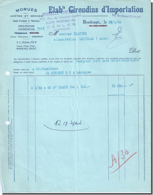 Invoice - ETAB-ts Girondins d'importation Cod Bordeaux 1958