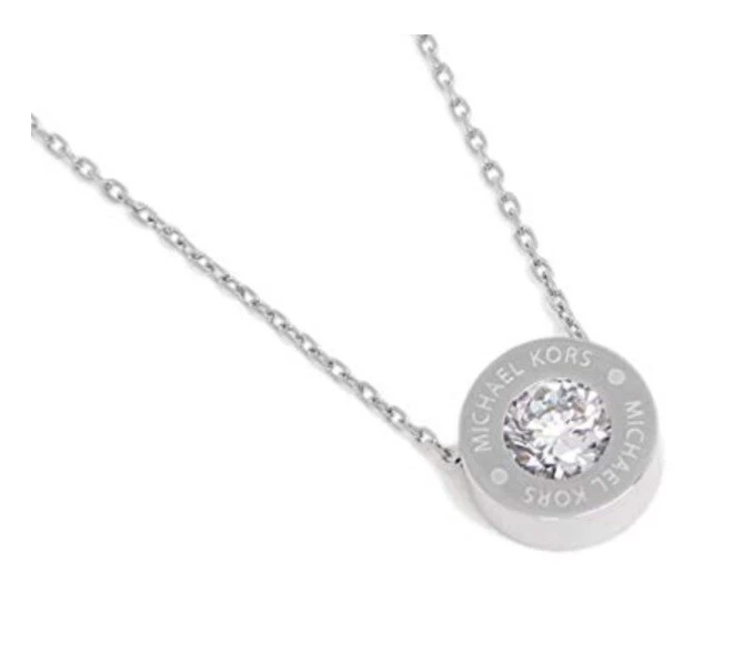 NUOVA COLLANA MICHAEL KORS TONO ARGENTO CATENA + DISCO CRISTALLO CIONDOLO MKJ5341 + SCATOLA