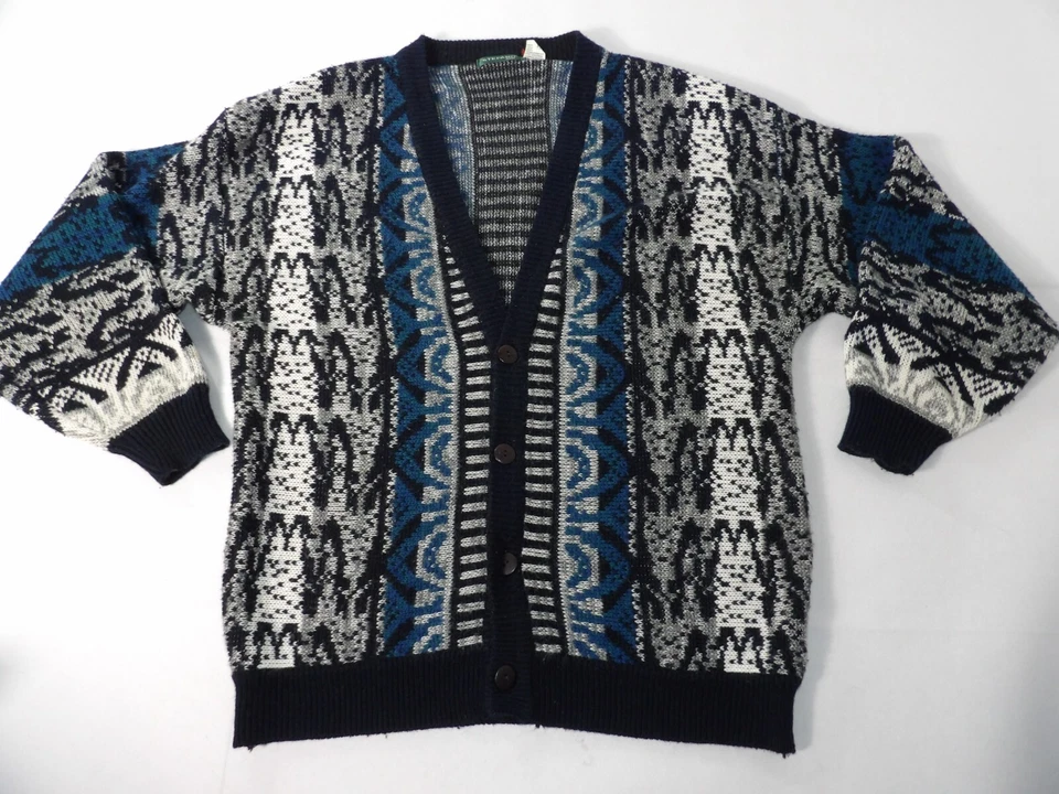Cárdigan de hombre Stefano vintage grande tejido con botones años 90 azul negro 3D abuelo LEER Foto 2 de 4