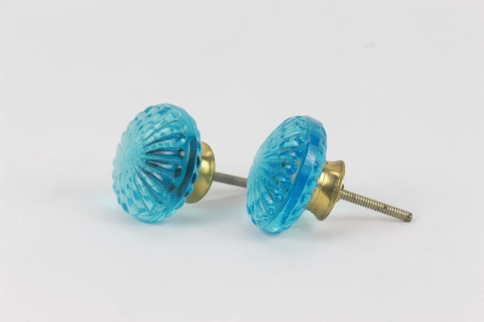 Sky Blue Crystal Glass Door Knob Set of 2 Pcs | Antique Style with Brass Accents - Image 2 of 4