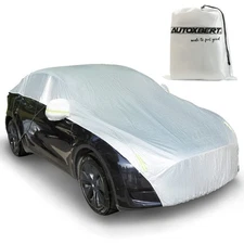 Silver Half Car Cover Anti-UV Waterproof for Tesla Model Y Snow Hail Protection.