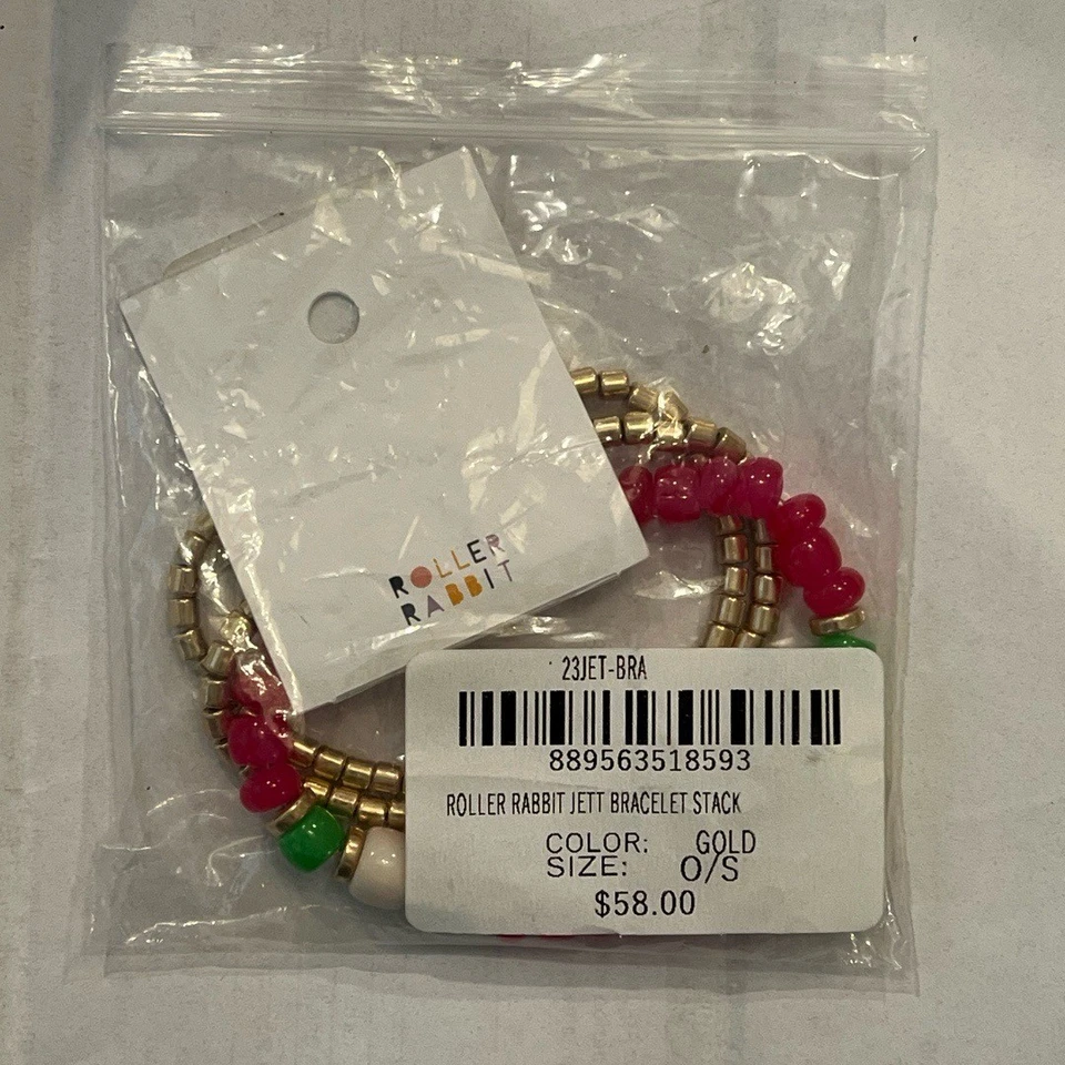 Pulsera Roller Rabbit Jett Nueva con Etiquetas Rosa Verde Dorado Blanco Elástico Preppy Swiftie BFF Foto 3 de 4