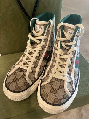 Gucci Tennis 1977 High Top Sneakers Brown Logo Canvas Red Green Stripe