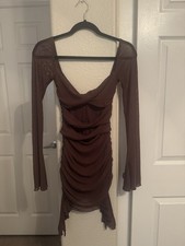 Oh Polly Brown Mesh Ruched Cut Out Long Sleeve Bodycon Mini Dress US 4