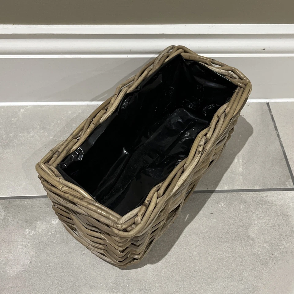 30cm Brown Wicker Flower Basket Plastic Lined Rectangular Window Box Pot - Image 2 of 4