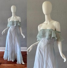 Vintage 70s Blue Chiffon Ruffle Off-Shoulder Maxi Formal Dress XS