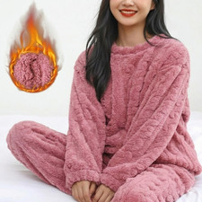 Ladies Fleece Pyjama Set Soft Warm Crew Neck Top Pants Nightwear Loungewear UK