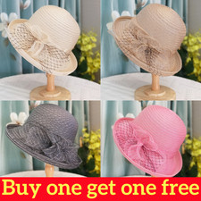 Women's Sun Hat Flower Church Derby Wedding Tea Party Hat Beach Vacation 2Pcs