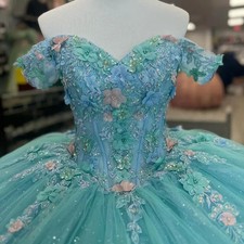 Blue Quinceanera Dress Sequin Appliques Lace Bow Off Shoulder Ball Gown Sweet 16