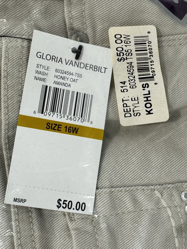 Pantalón Capri Gloria Vanderbilt Amanda Mujer Skimmer Miel Avena Adornado 16W Nuevo con Etiquetas Foto 4 de 4