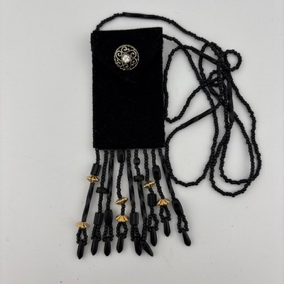 Handmade Medicine Bag Black Seed Beaded Purse Pouch Necklace Velvet Gift Witchy