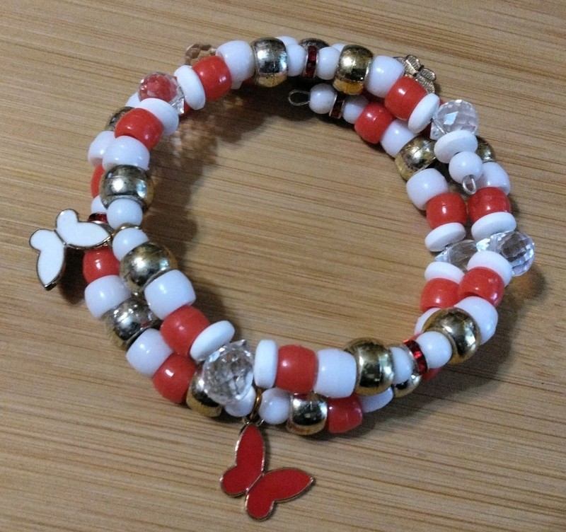 Handmade 15in Wrap Bracelet-6 Teardrop Glass Crystals-Plastic-3 Butterfly Charms