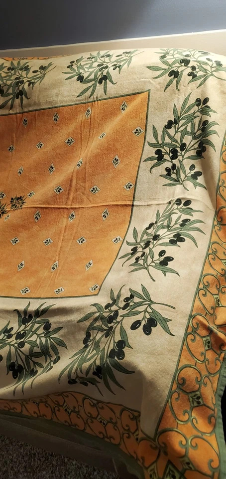 Italy Cotton Tuscany Olive Branches Green Orange Tablecloth 85" X 53" NEW -Flaw - Image 2 of 4