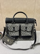 Dooney & Bourke Double Pocket DB Logo Canvas Gray Black Leather Satchel Tote Bag