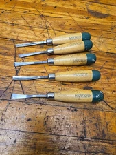 Vntg 5 Pc Craftsman Circle F  Wood Handled Carving Chisels .