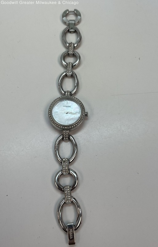 Fossil Silver Tone Mother of Pearl Rhinestone Link Watch 36.5g