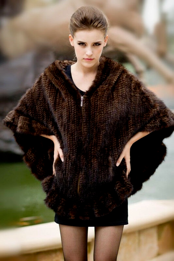 Poncho En Vraie Fourrure Tricoté – Bordeaux, Taille Unique, Style Pin-Up