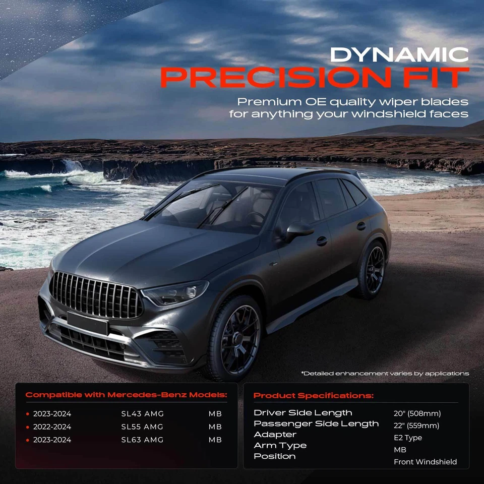 2x Front 20" & 22" Windshield Wiper Blades for Mercedes-Benz SL43 SL55 SL63 AMG - Image 2 of 4
