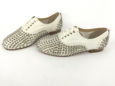 Christian Louboutin Freddy Spiked White Leather Loafer Flat Shoes