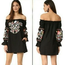 Free People Womens Embroidered Off The Shoulder Dress Size XS Floral Boho Hippie