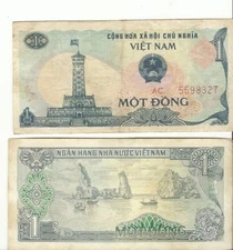 Vietnam Viet Nam money banknote One Mot Dong showing Building and boats