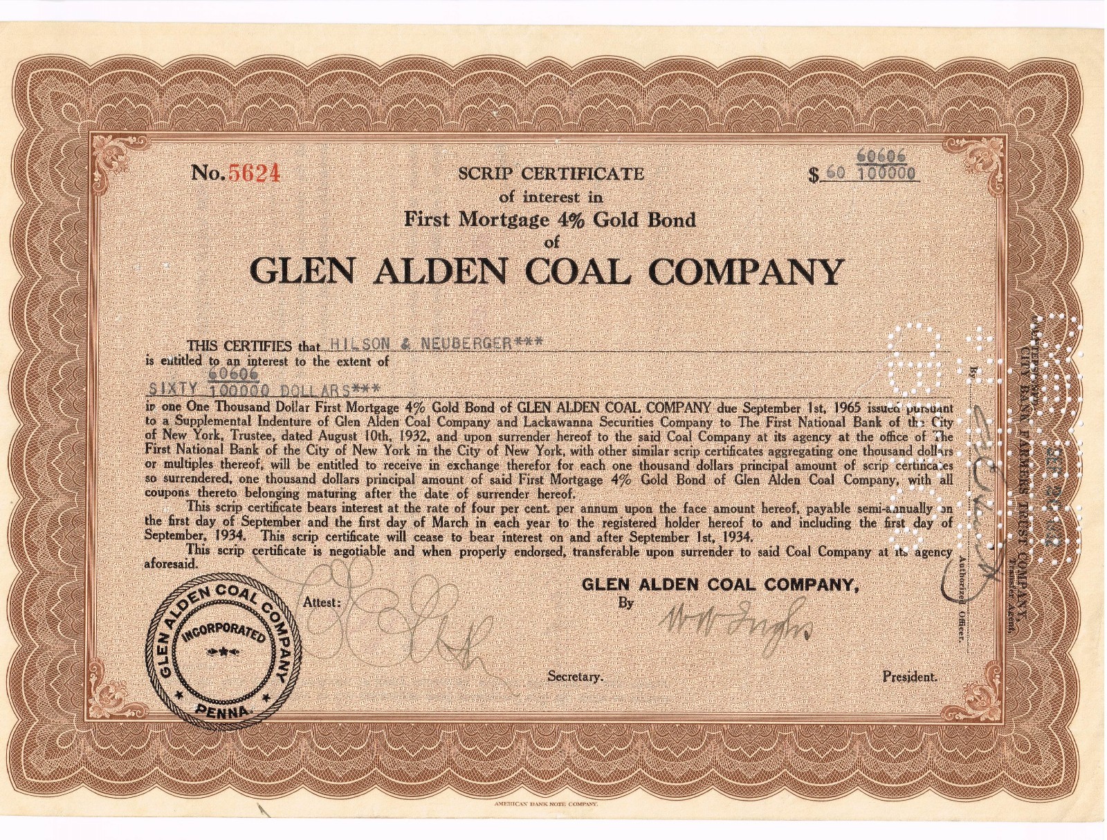 Glen alden coal co.1st mortgage gold bond 1932 60K 4 interest VERY