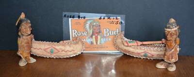 VTG NATIVE AMERICAN Wood Figurines & Birchbark Canoe Rose Bud Label (LOT)