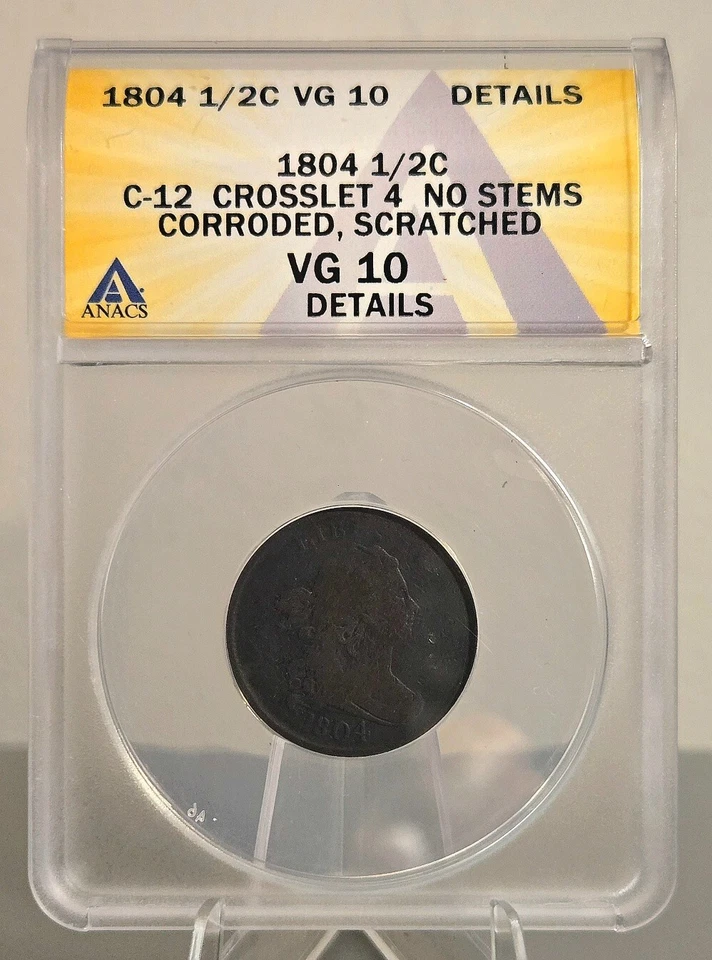 1804 1/2C Draped Bust Half Cent C-12 Crosslet 4 No Stems ANACS VG10 Details - Image 3 of 4