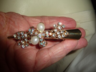 23/4A HAIR CLIP GOLD TONE w RHINESTONES & FAUX PEARLS 3 display picture 2