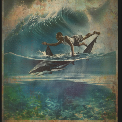 Vintage SURFING SHARK Wall Art, Black Man Surf Sea Poster, Ocean