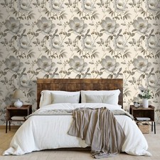 Image of Cream Gold Floral Wallpaper Grey Leaf Textured Metallic Shimmer Bedroom Feature