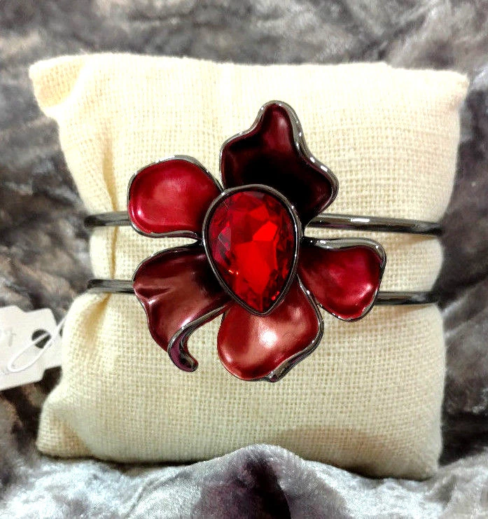 Brazalete Brazalete Flor Peltre Rubí Rojo Rosa Audaz Brillante Estrás Cristal Foto 2 de 4