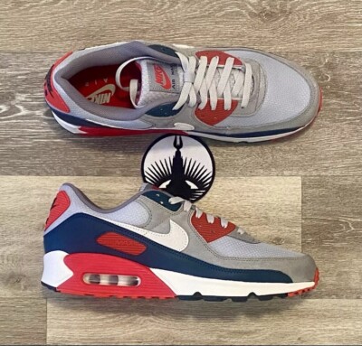 Nike Air Max 90  USA Light Smoke Grey  Navy Fire Red Flat DM0029-005 Men's 12.5