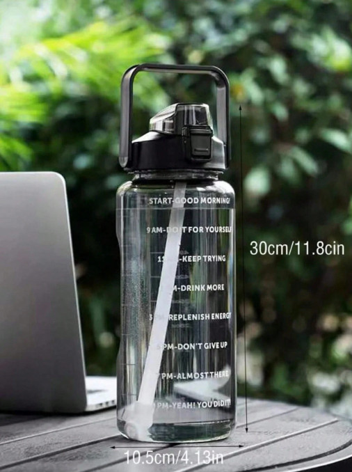 750ml 2L Large Black Sports Water Bottle With Straw Portable Gym Travel Cup