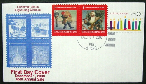 US, 2000 Santa Claus Indiana FDC & Tied On, Scott 3352 Stamp, Cachet & ALA Seals