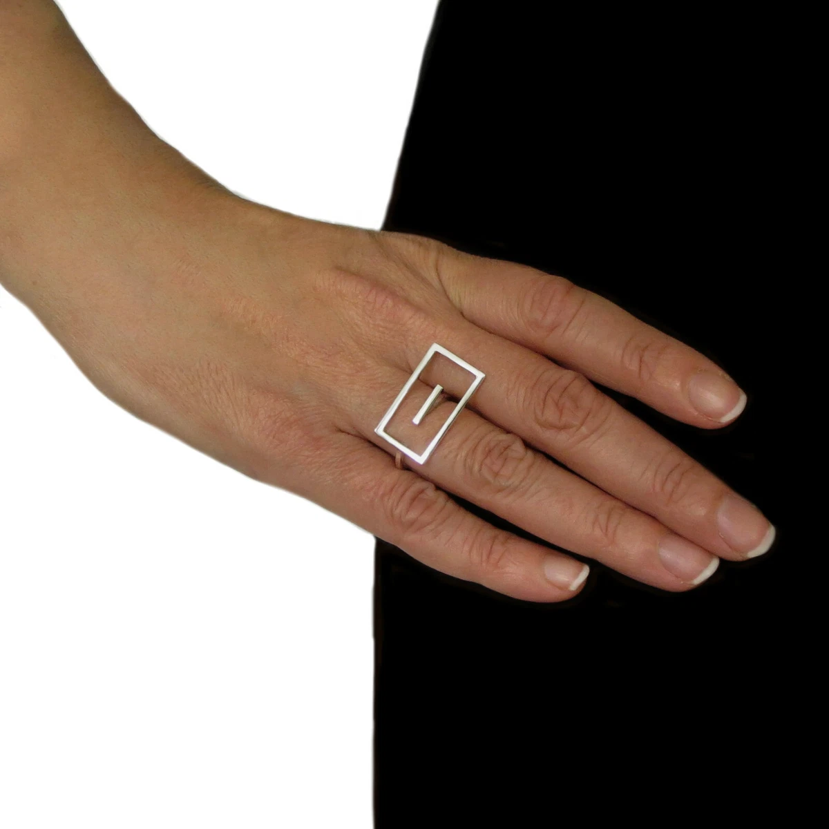 Rectangle Double Finger 925 Sterling Silver Ring Adjustable Size Gift Boxed