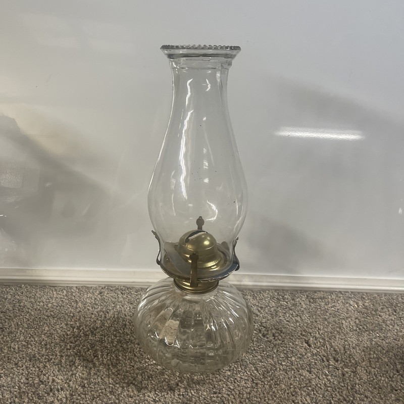Vintage Clear Glass Oil Lamp with Ribbed Base and Brass Burner