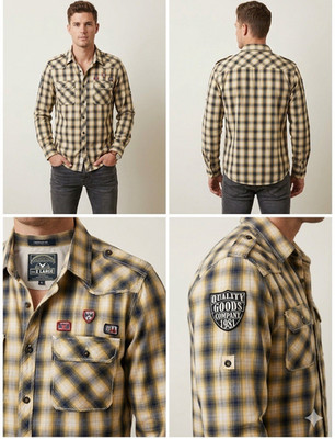 Company 81 Men s XL Yellow/Blue Plaid Long Sleeve Button-Up Shirt Pockets
