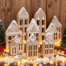 9 Pcs Christmas Wooden Farmhouse for Mantel Block Gingerbread House Decor Tablet